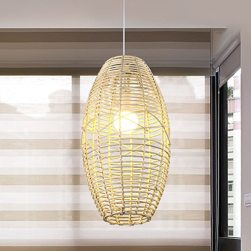 Hand Braided Ellipse Bistro Pendant Lamp Bamboo 1 Bulb Chinese Hanging Light in Beige