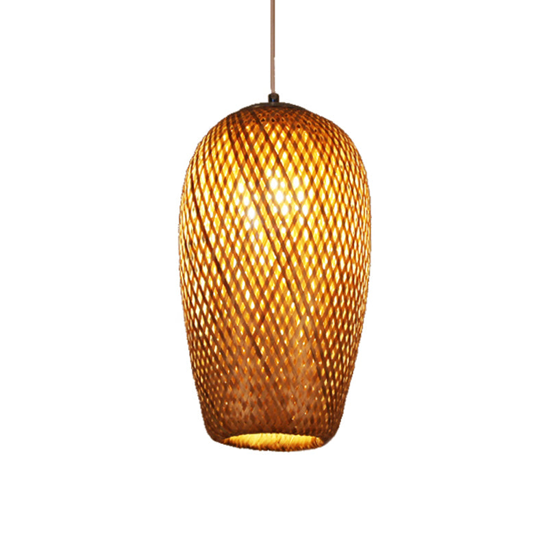 Crisscross Woven Ceiling Hanging Lantern Chinese Bamboo 1 Bulb Brown Pendant Light Fixture for Restaurant