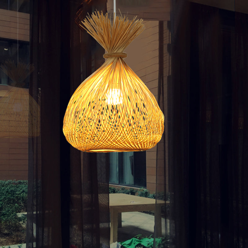 Cross-Woven Bamboo Sack Bag Pendant Chinese 1 Bulb Khaki Hanging Ceiling Light for Guest Room
