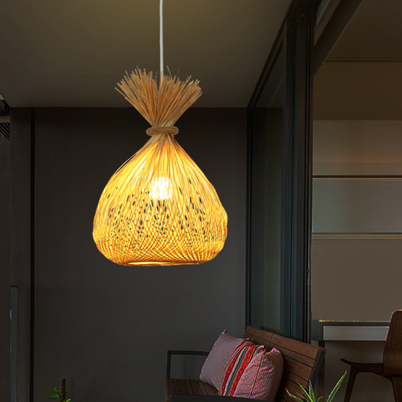 Cross-Woven Bamboo Sack Bag Pendant Chinese 1 Bulb Khaki Hanging Ceiling Light for Guest Room