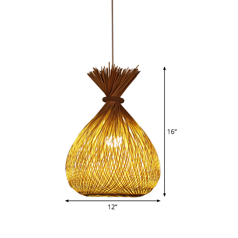 Cross-Woven Bamboo Sack Bag Pendant Chinese 1 Bulb Khaki Hanging Ceiling Light for Guest Room