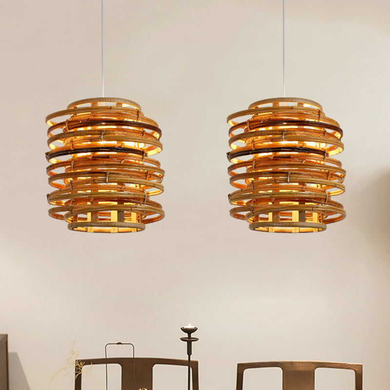Whirled Bamboo Suspension Pendant Asian Single Beige Hanging Light Kit over Dining Table