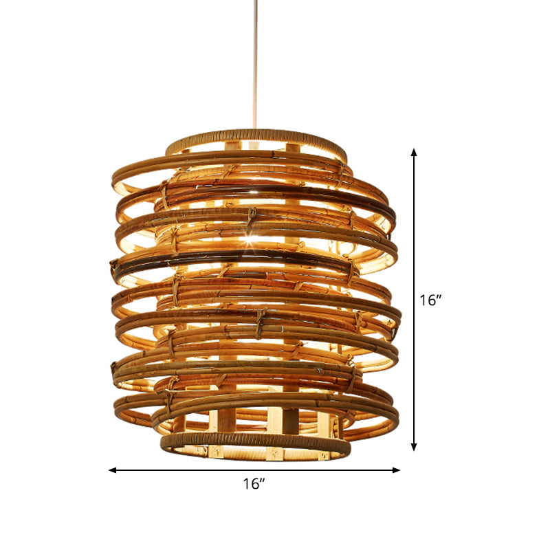 Whirled Bamboo Suspension Pendant Asian Single Beige Hanging Light Kit over Dining Table