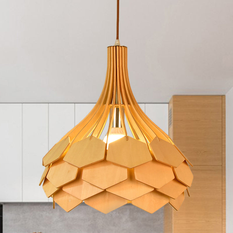 Teardrop Pendant Light Fixture Asia Wood Single Beige Hanging Lamp with Pinecone Element