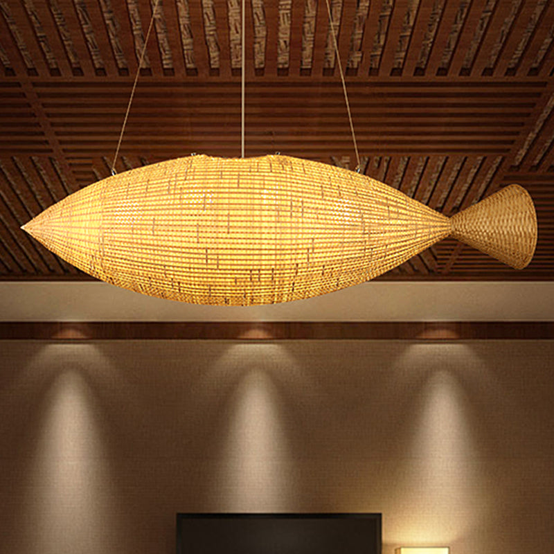 Poisson à tissage à la main lampe à goutte de bambou chinois 2 ampoules beige pendante lustre pour restaurant