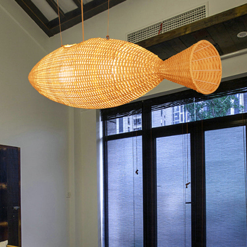 Handwebige Fisch Bambus Drop Lampe Chinese 2 Lampen Bebe Beige Anhänger Kronleuchter für das Restaurant