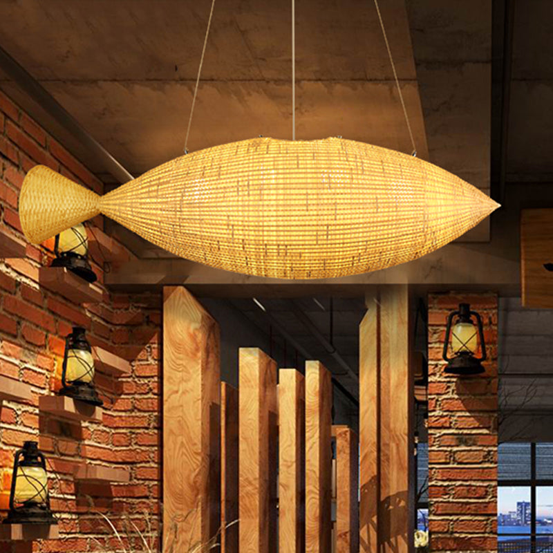 Poisson à tissage à la main lampe à goutte de bambou chinois 2 ampoules beige pendante lustre pour restaurant
