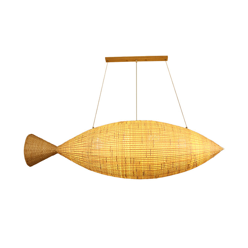 Hand Weaving Fish Bamboo Drop Lamp Chinese 2 Bulbs Beige Pendant Chandelier for Restaurant