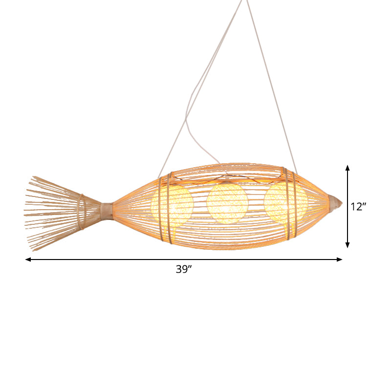 Lampada a sospensione a forma di pesce cinese Bamboo 3 luci lampadario bistrot con ombra a sfera all'interno del legno