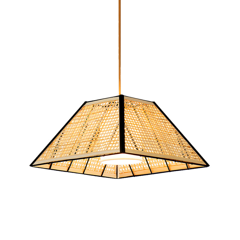 Japanese Gridded Pyramid Pendant Lamp Bamboo 1 Head Restaurant Suspension Lighting with Inner White Fabric Shade