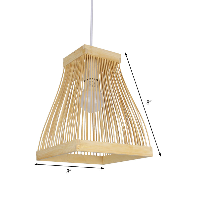 Wood Trapezoid Frame Ceiling Lamp Fixture Asian 1-Bulb Bamboo Strip LED Pendant Light Kit