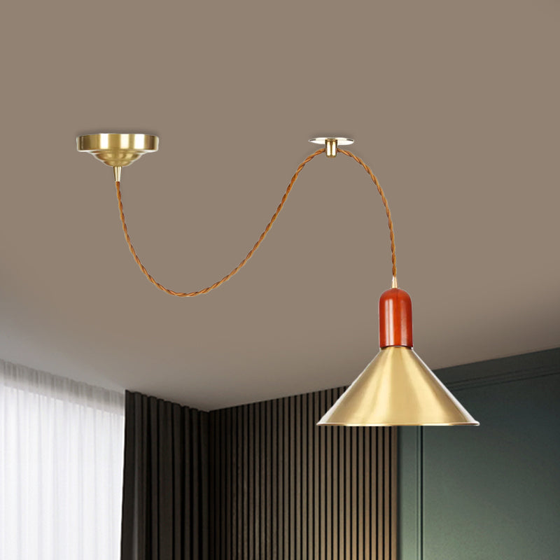 Gold Conical Pendant Ceiling Light Vintage Style 1 Light Living Room Extendable Hanging Lamp