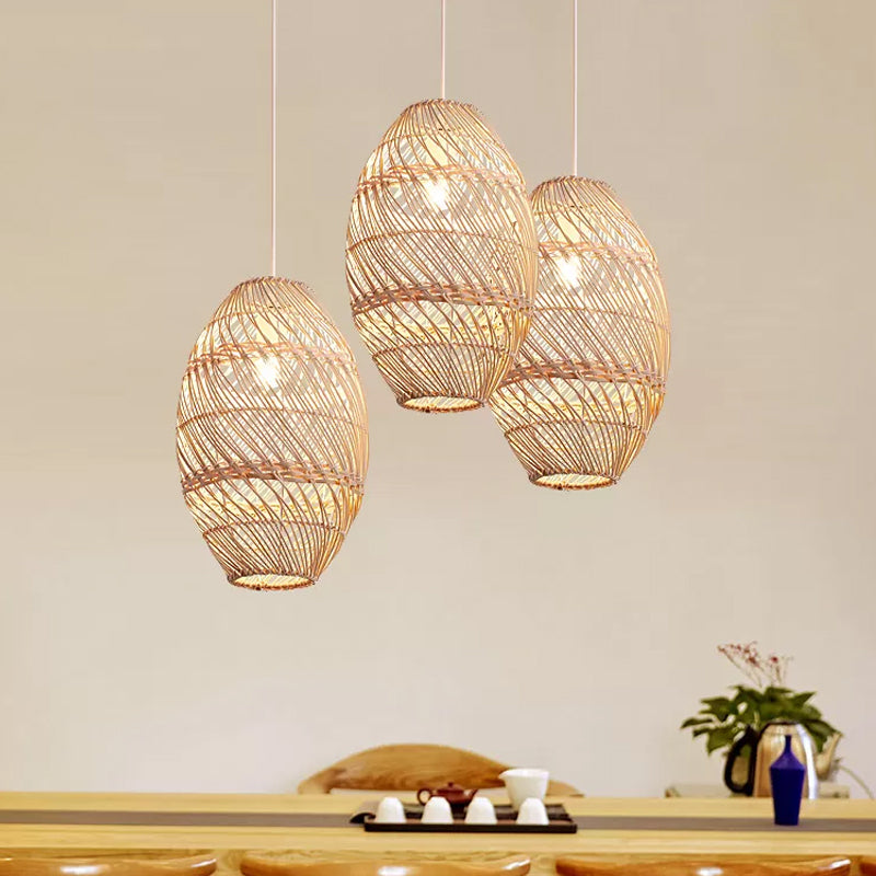 Wood Oblong Suspension Light Asian-Style 1 Bulb Bamboo Rattan Ceiling Pendant Lamp