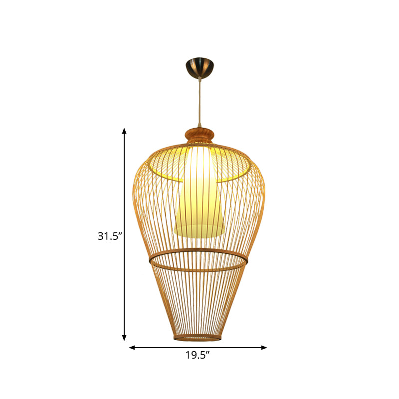 Rural Urn Cage Bamboo Pendulum Light Single-Bulb Pendant Lighting Fixture in Beige with Inner Cone Shade
