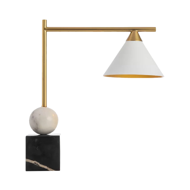 Conical Desk Lighting Minimalist Metal Single Head White Nightstand Lamp with Square Black Marble Base for Living Room