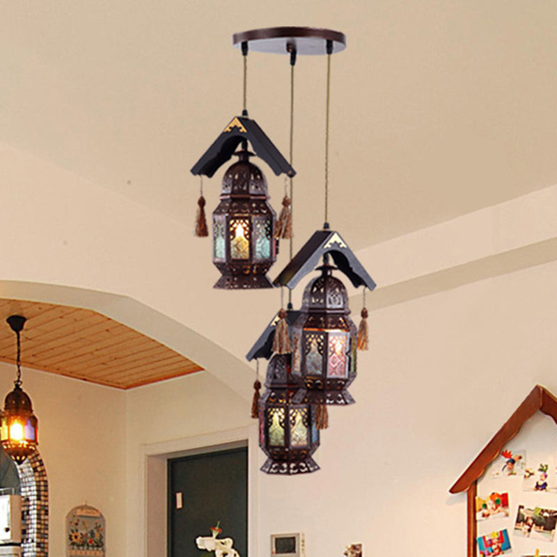Lantern Metallic Chandelier Lamp Decorative 3 Heads Living Room Hanging Light Fixture in Bronze with Wood Roof