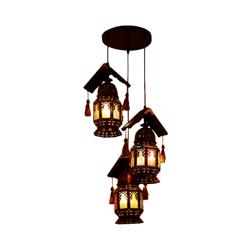 Lantern Metallic Chandelier Lamp Decorative 3 Heads Living Room Hanging Light Fixture in Bronze with Wood Roof