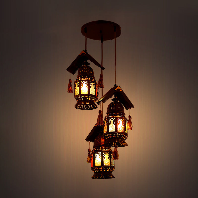 Lantern Metallic Chandelier Lamp Decorative 3 Heads Living Room Hanging Light Fixture in Bronze with Wood Roof
