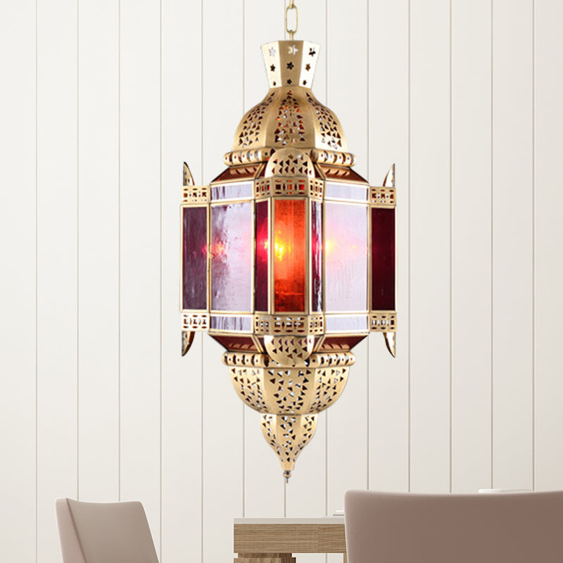 1 Light Pendant Lamp Arab Lantern Metal Ceiling Hang Fixture in Brass with Hollow-Out Design