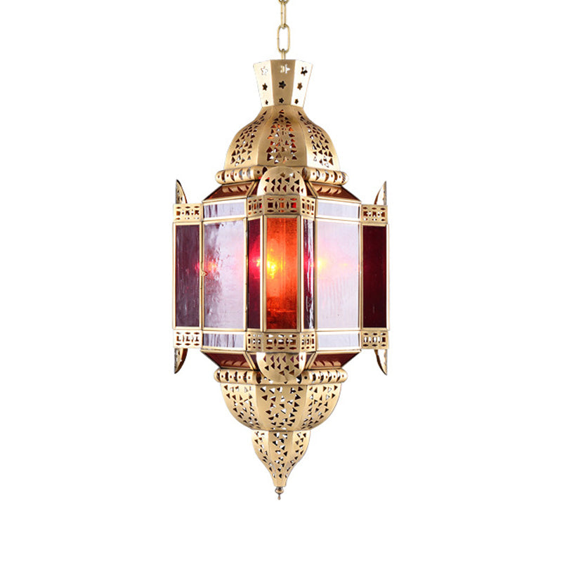 1 Light Pendant Lamp Arab Lantern Metal Ceiling Hang Fixture in Brass with Hollow-Out Design