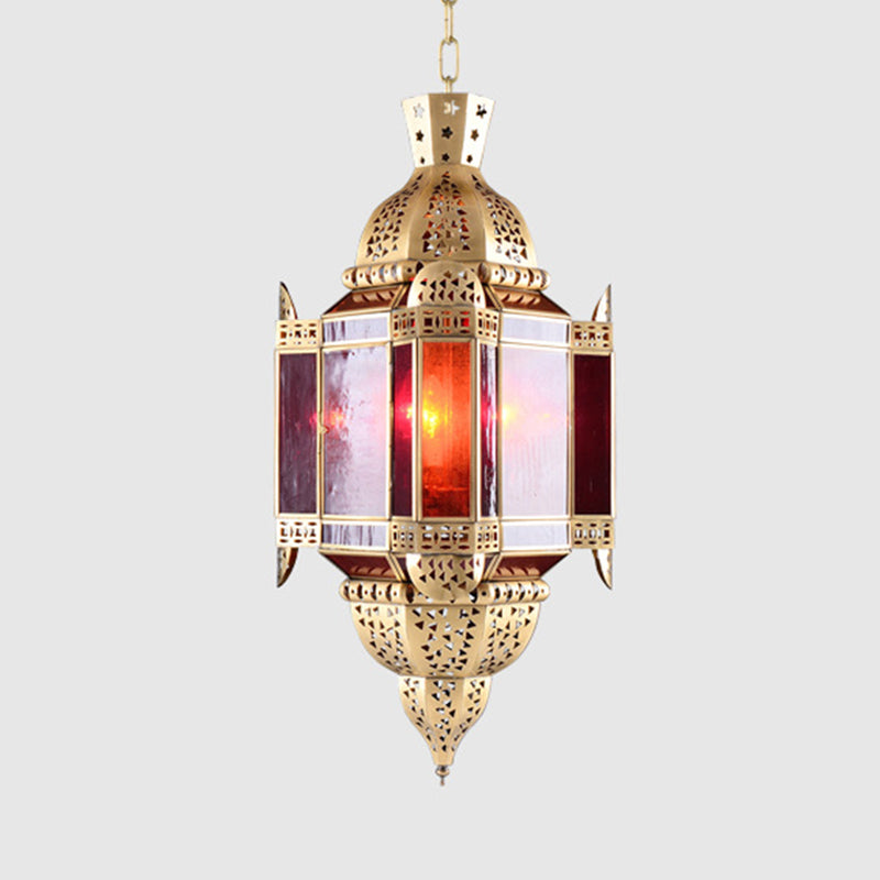 1 Light Pendant Lamp Arab Lantern Metal Ceiling Hang Fixture in Brass with Hollow-Out Design