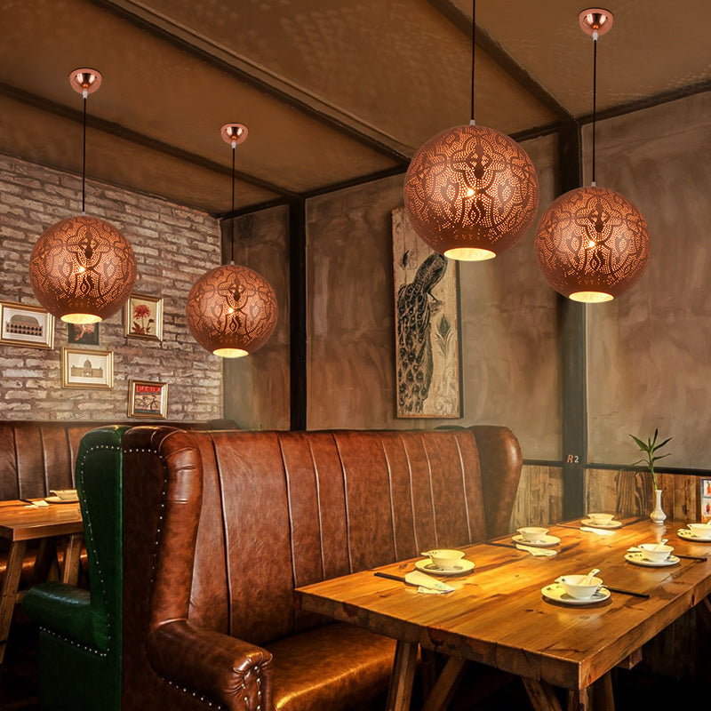 3 Bulbs Metal Ceiling Chandelier Traditional Rose Gold Etched Sphere Restaurant Pendant Light Kit