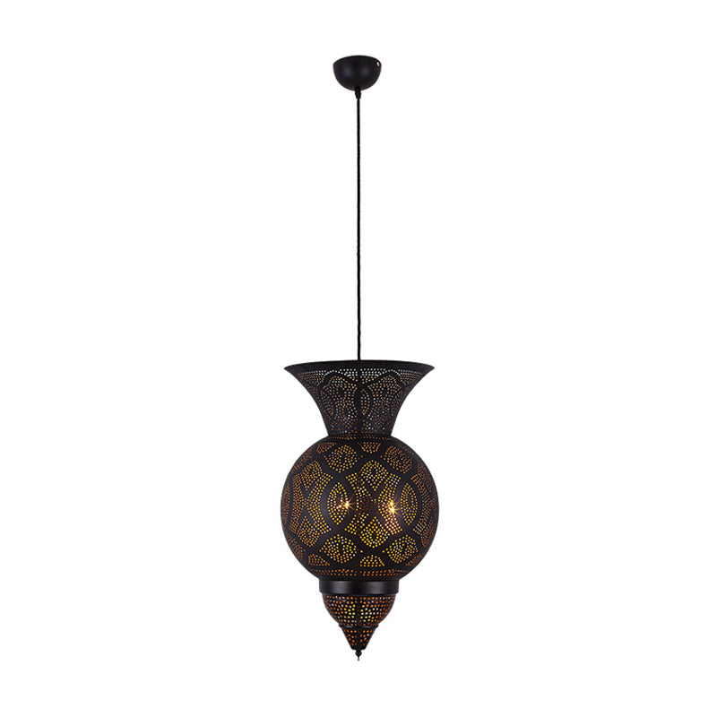 3-Bulb Etched Urn Hanging Chandelier Countryside Black Metal Ceiling Suspension Lamp