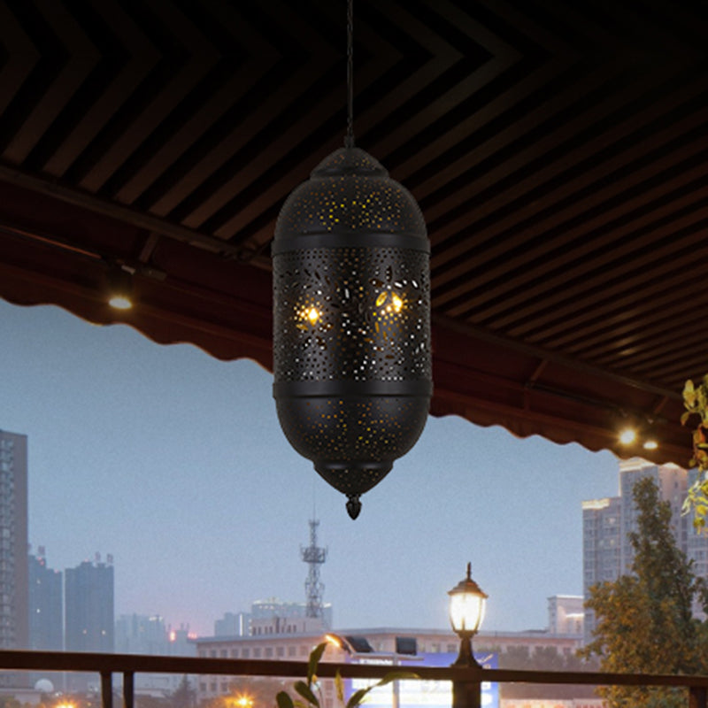 3-Light Hanging Light Kit Arab Etched Cylindrical Metal Ceiling Chandelier in Black for Dining Room