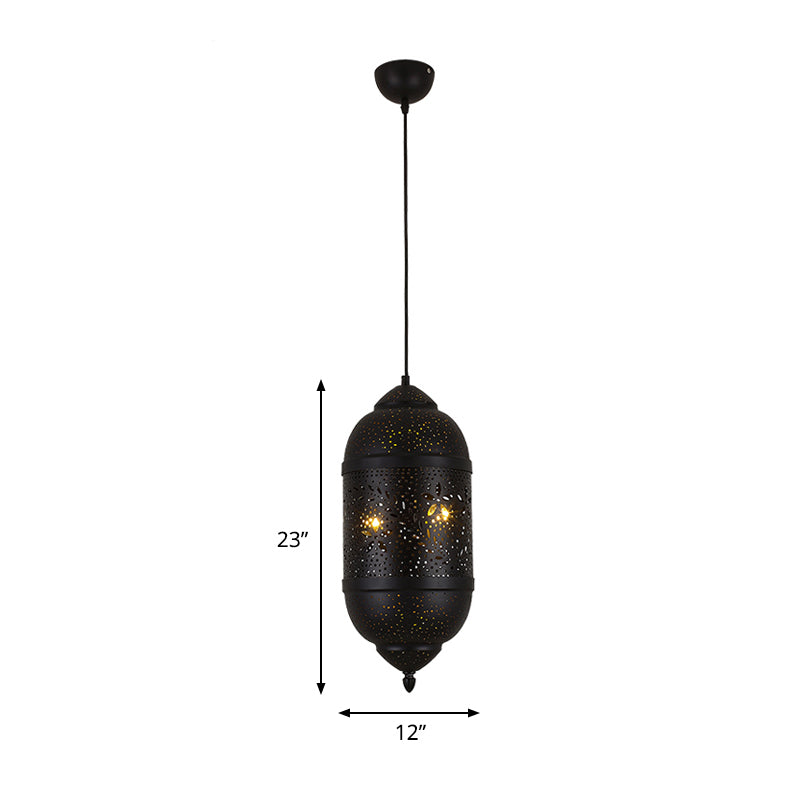 3-Light Hanging Light Kit Arab Etched Cylindrical Metal Ceiling Chandelier in Black for Dining Room
