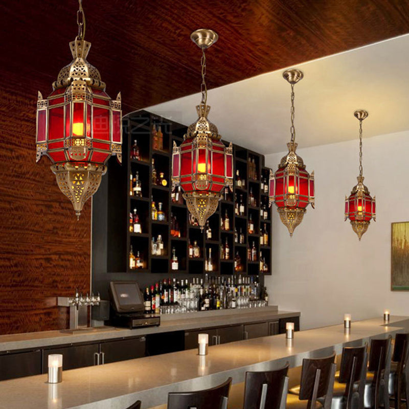 Lantern Restaurant Pendant Lighting Traditional Red Glass 3 Lights Brass Chandelier Light Fixture