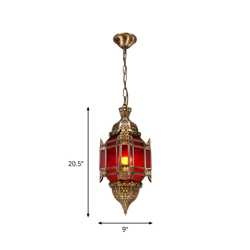 Lantern Restaurant Pendant Lighting Traditional Red Glass 3 Lights Brass Chandelier Light Fixture