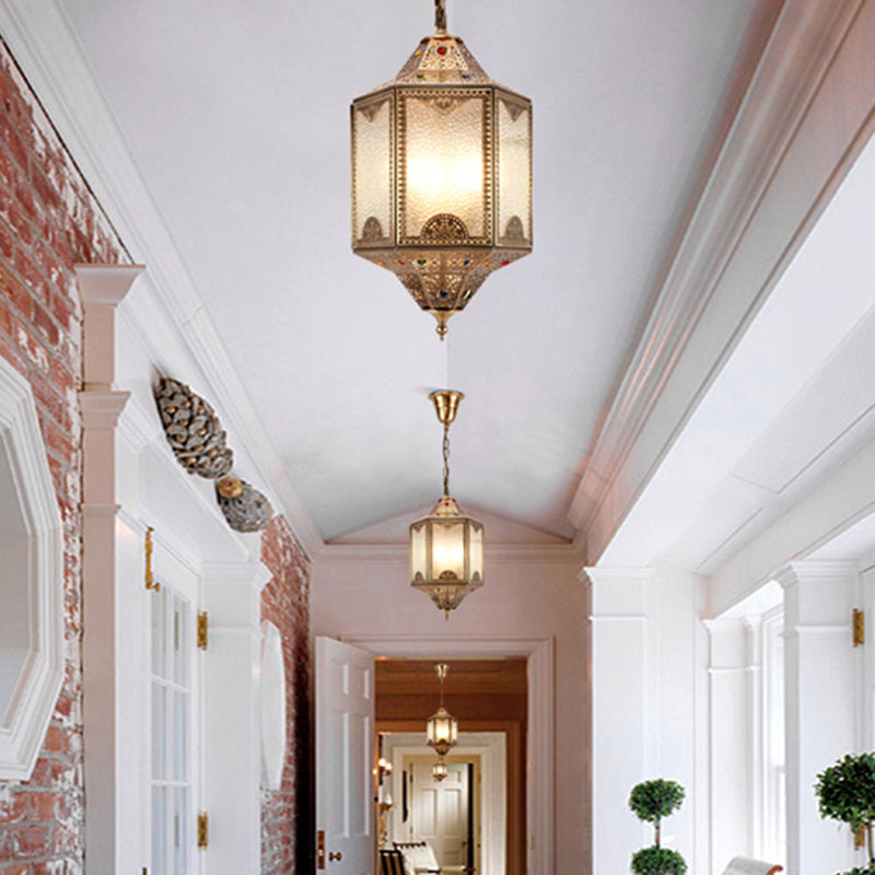 Frosted Glass Hexagonal Hanging Light Kit Decorative 3 Lights Porch Chandelier Lamp in Brass