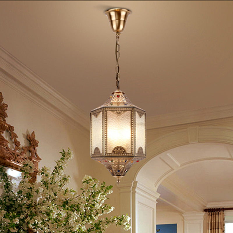 Frosted Glass Hexagonal Hanging Light Kit Decorative 3 Lights Porch Chandelier Lamp in Brass