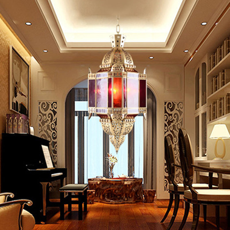 Lantern Red Glass Suspension Pendant Arab 3 Heads Living Room Chandelier in Brass with Hollow-Out Design