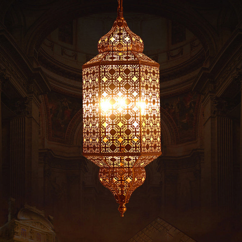 Arab Hexagonal Chandelier Light 3-Bulb Metal Hanging Pendant in Brass with Hollow-Out Design