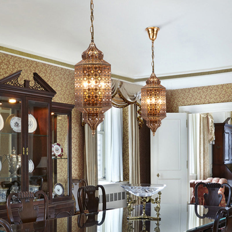 Arab Hexagonal Chandelier Light 3-Bulb Metal Hanging Pendant in Brass with Hollow-Out Design