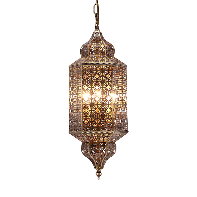 Arab Hexagonal Chandelier Light 3-Bulb Metal Hanging Pendant in Brass with Hollow-Out Design