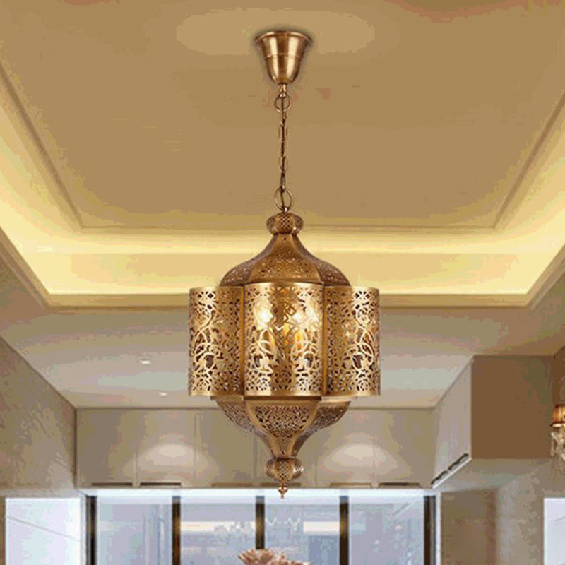 3 Heads Etched Lantern Pendant Lamp Arab Style Brass Metal Hanging Chandelier for Corridor