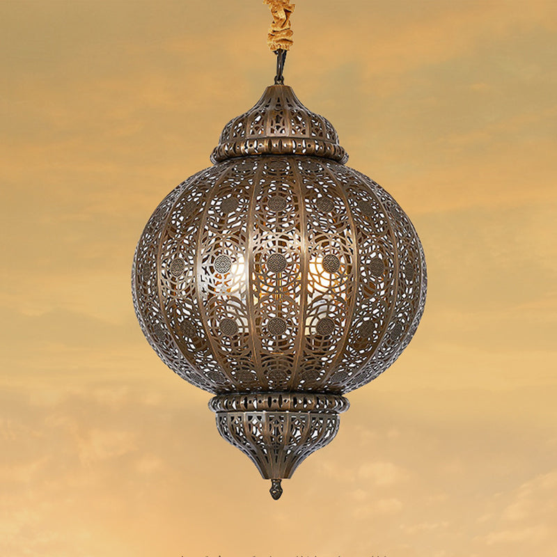 3 Heads Metal Suspension Light Country Bronze Finish Etched Sphere Corridor Chandelier