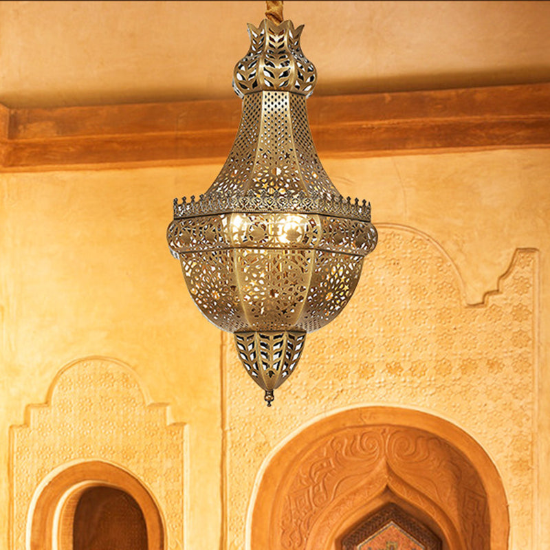 3-Light Chandelier Lighting Rustic Bedroom Suspension Pendant with Basket Metal Shade in Brass