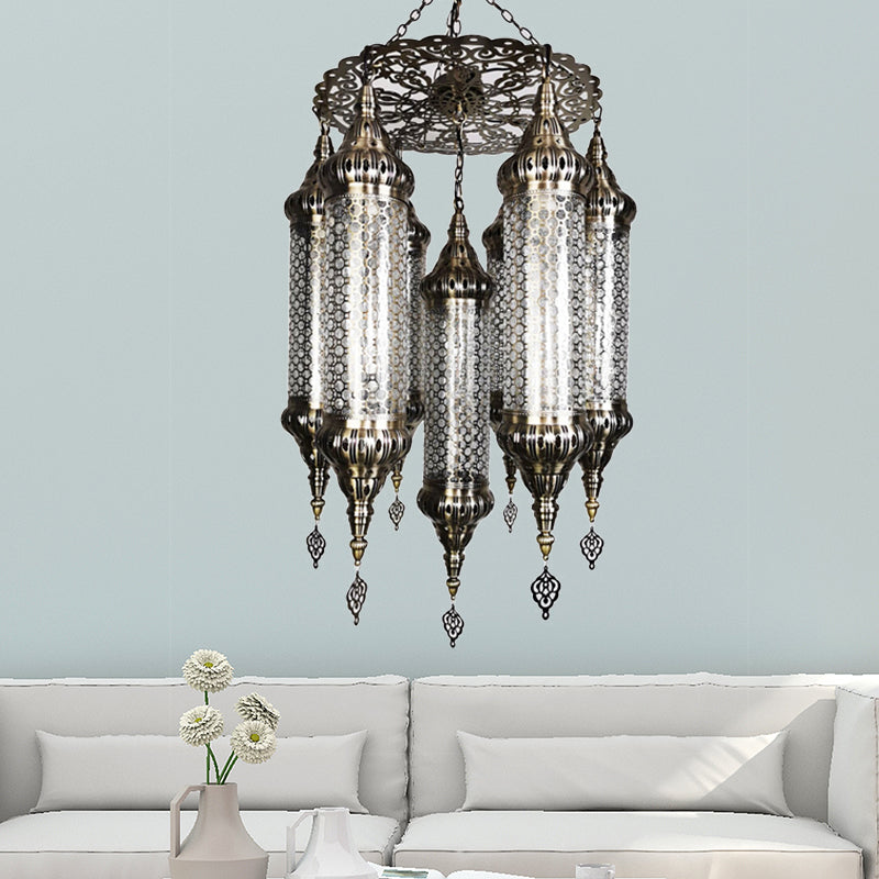 Arab Cylinder Hanging Lamp 7 Heads Clear Crackle Glass Chandelier Lighting Fixture in Bronze