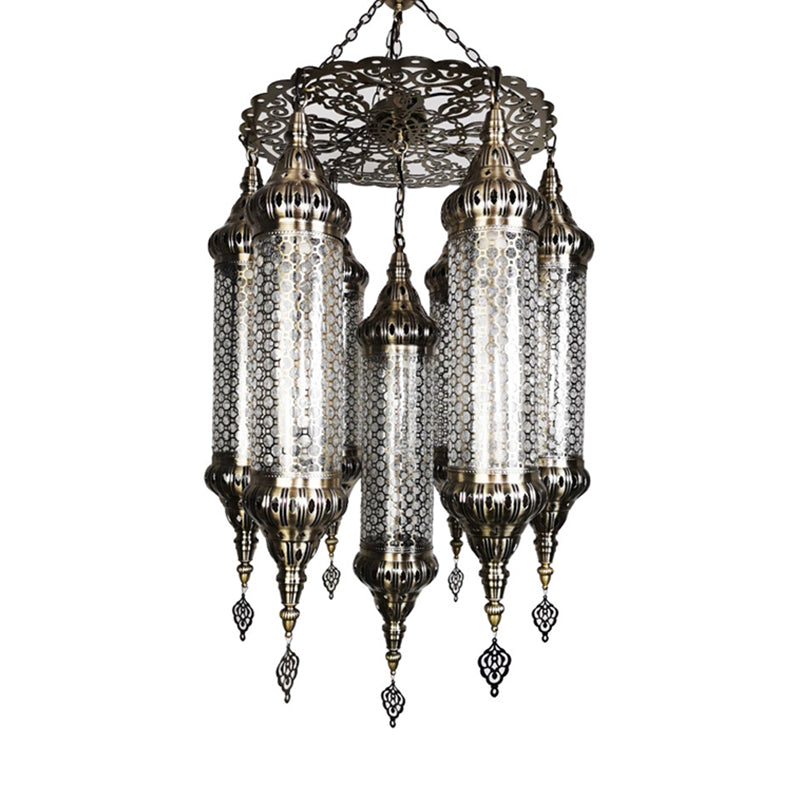Arab Cylinder Hanging Lamp 7 Heads Clear Crackle Glass Chandelier Lighting Fixture in Bronze