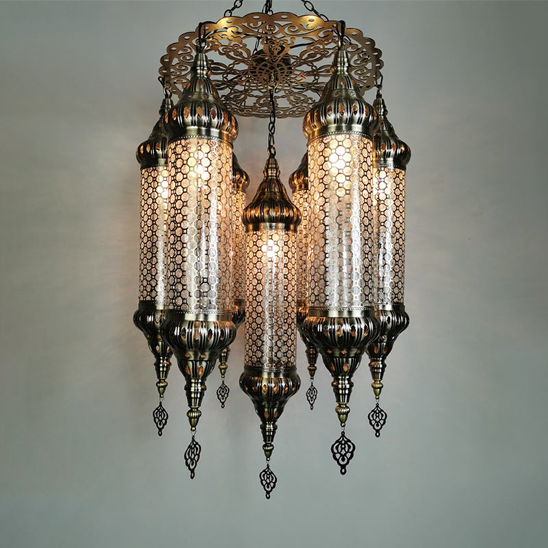 Arab Cylinder Hanging Lamp 7 Heads Clear Crackle Glass Chandelier Lighting Fixture in Bronze