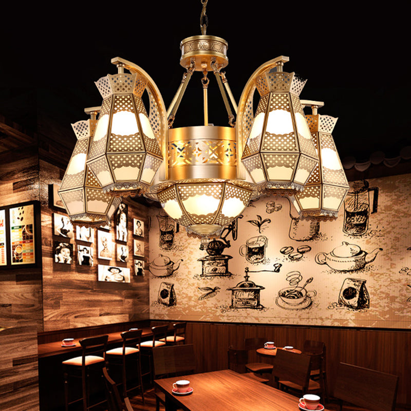 8 Heads Diamond Pendant Chandelier Arab Style Brass Opal Glass Hanging Light Fixture with Curved Arm