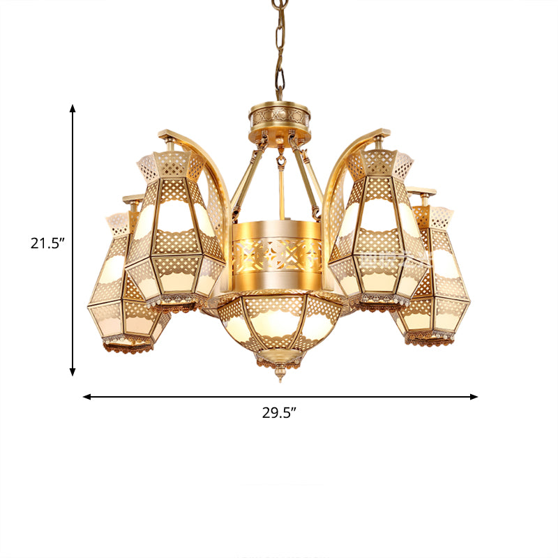 8 Heads Diamond Pendant Chandelier Arab Style Brass Opal Glass Hanging Light Fixture with Curved Arm