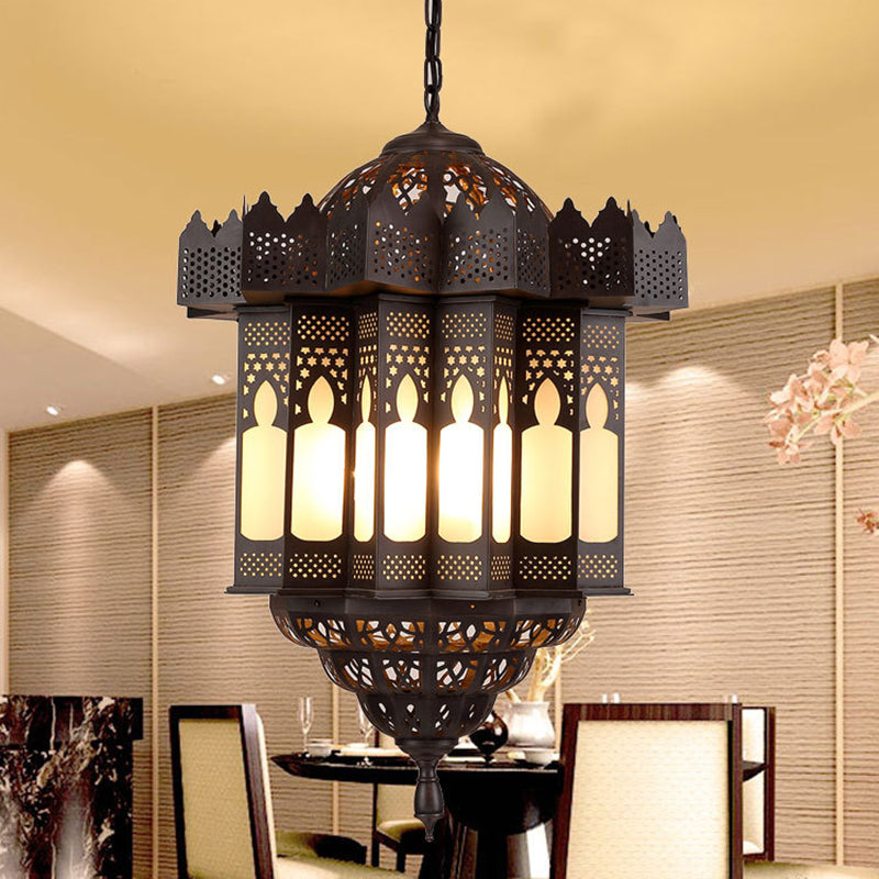 Etched Lantern Dining Room Chandelier Light Art Deco Frosted Glass 3-Bulb Black Finish Ceiling Pendant