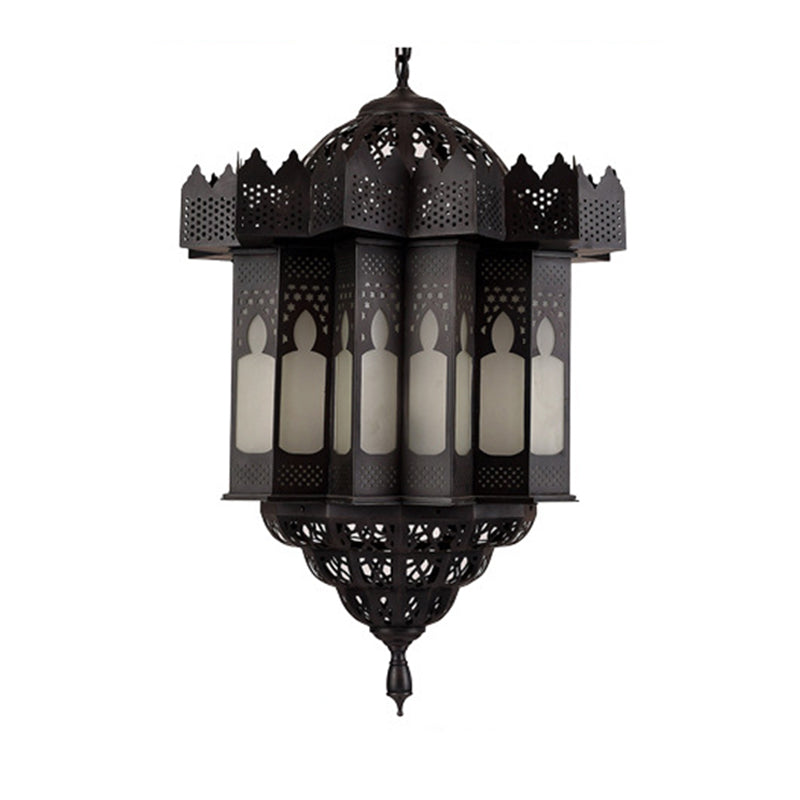 Etched Lantern Dining Room Chandelier Light Art Deco Frosted Glass 3-Bulb Black Finish Ceiling Pendant