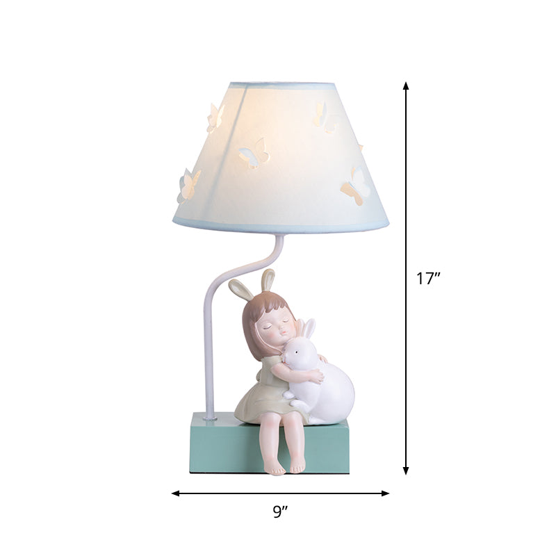 Lampada da comodino in tessuto per bambini a 1 luce con illuminazione notturna affusolata blu con decorazioni per conigli e ragazze