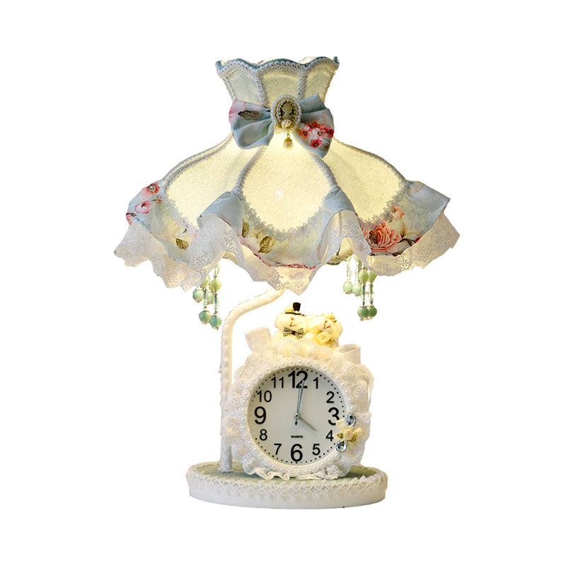 Vestido de princesa Mesa nocturna de tela para niños 1 lámpara de noche de sala de estar de bombilla en Aqua con reloj