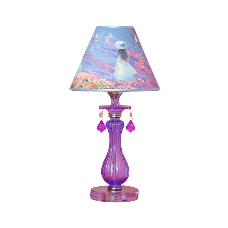 Romantic Pastoral 1 Light Night Lamp Purple Cone/Scalloped Nightstand Light with Fabric Shade and Crystal Accent